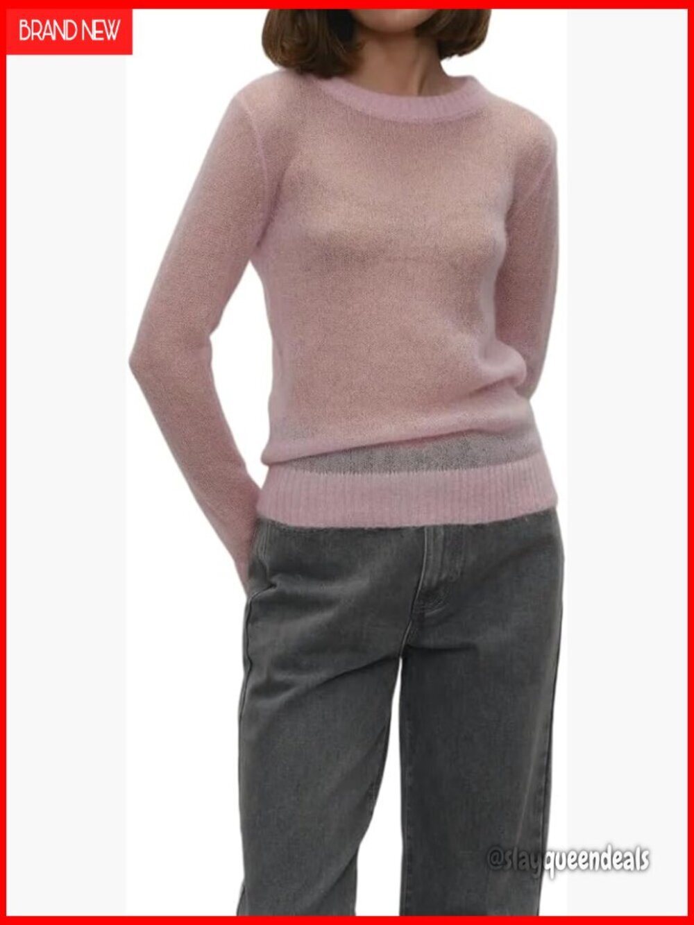 Lightweight Mohair Pullover Sweater, Boat Neck Long Sleeve Sheer Top